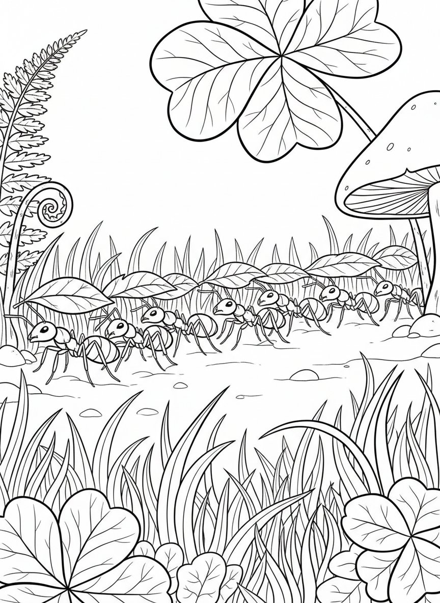 A line of marching ants carrying leaf pieces like umbrellas through a miniature jungle of grass and clover.