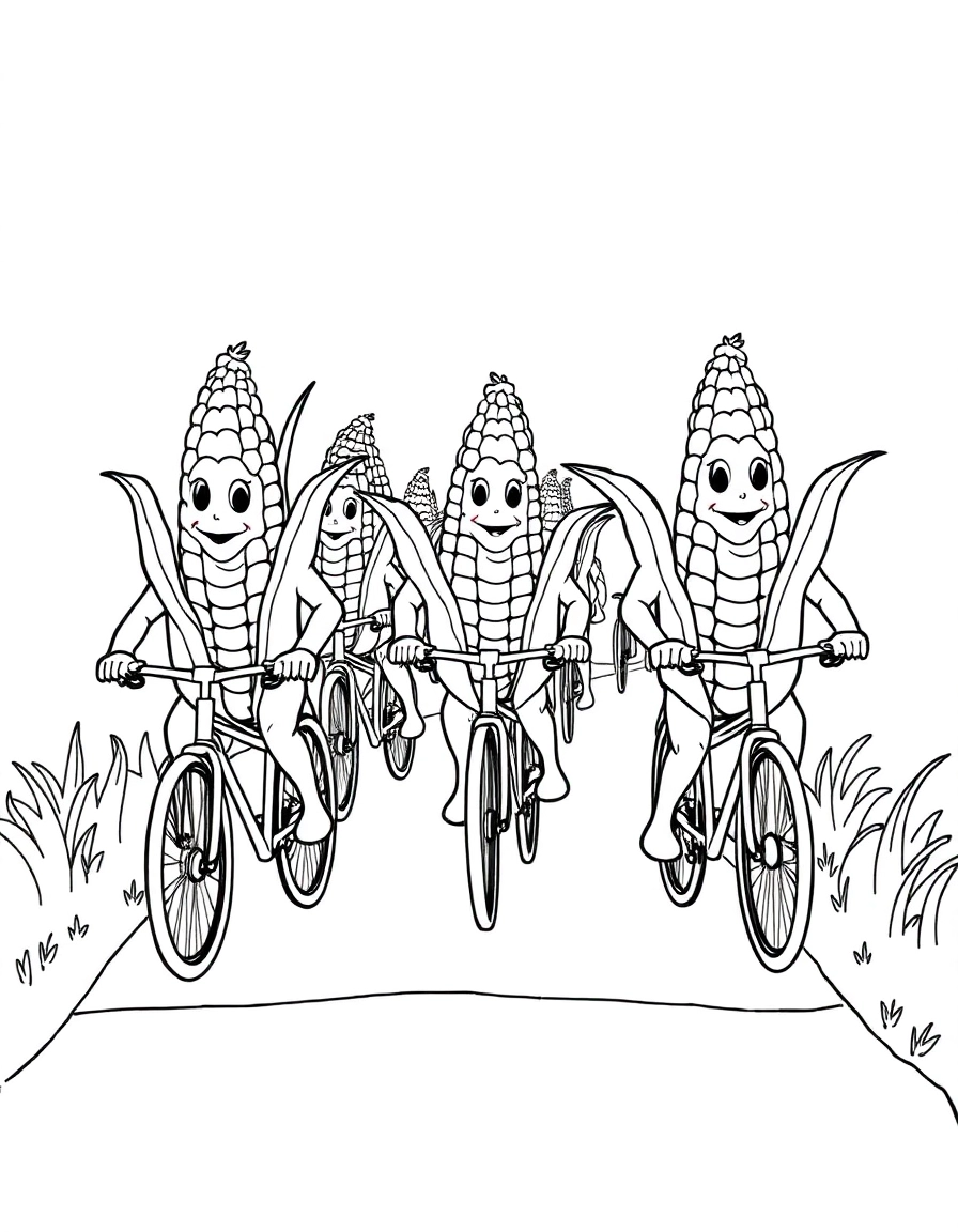 A group of corn cobs riding bicycles down a path.