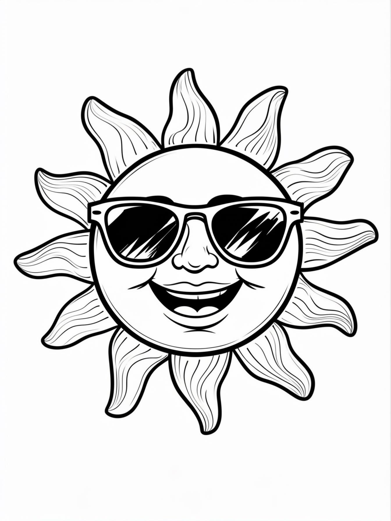 A big, smiling cartoon sun wearing cool sunglasses, with bold, wavy rays shining down.