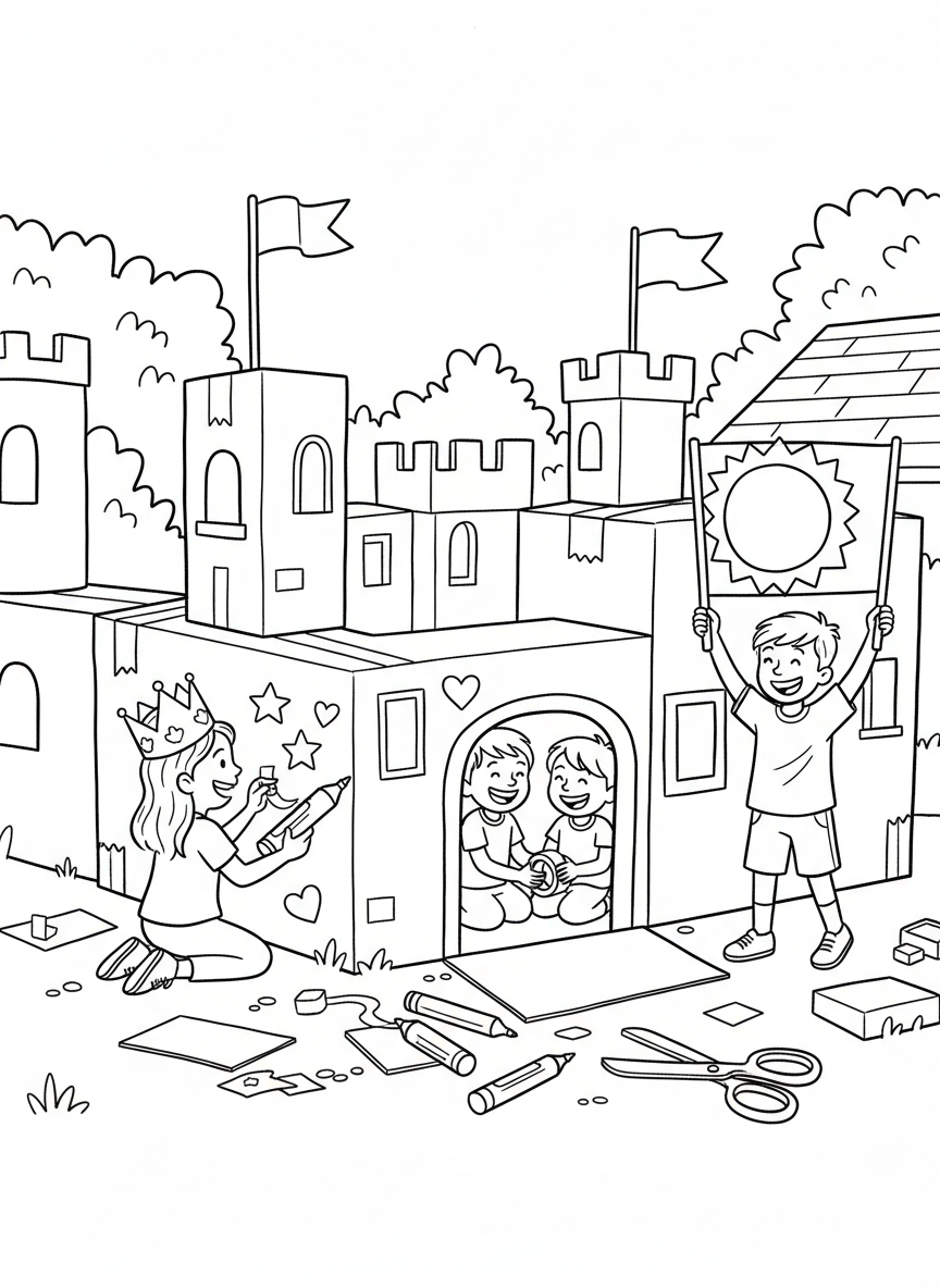 Children creating a cardboard box castle, decorating it with markers, stickers, and construction paper flags and windows.