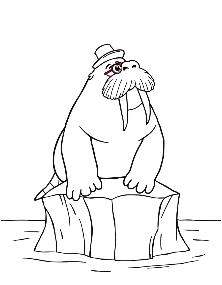 Walrus Wisdom: A large, mustachioed walrus sitting on an iceberg, wearing a monocle or a funny hat.