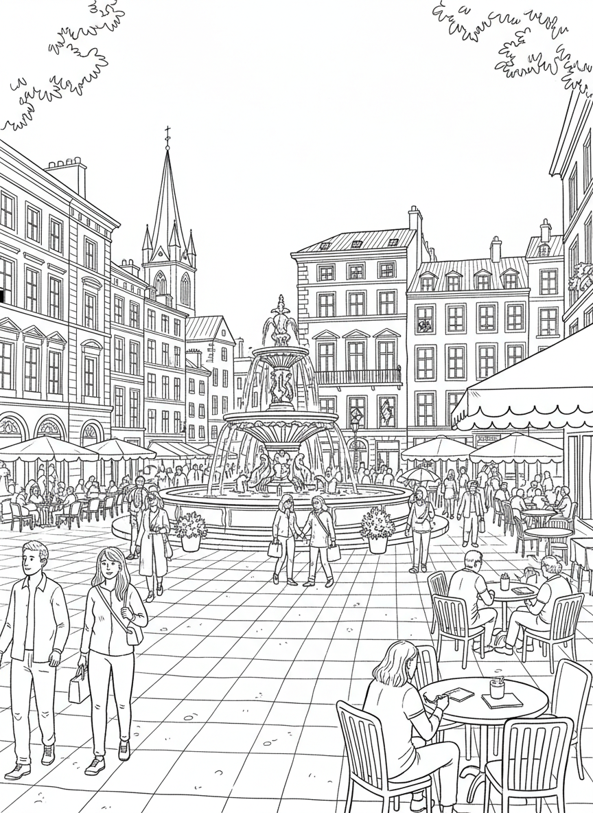 A bustling European city square filled with historic buildings, outdoor cafés, fountains, and people exploring the area.