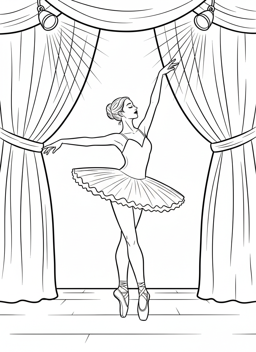 A ballet dancer in a graceful pose on stage, wearing a tutu and ballet slippers, with curtains and spotlights around them.