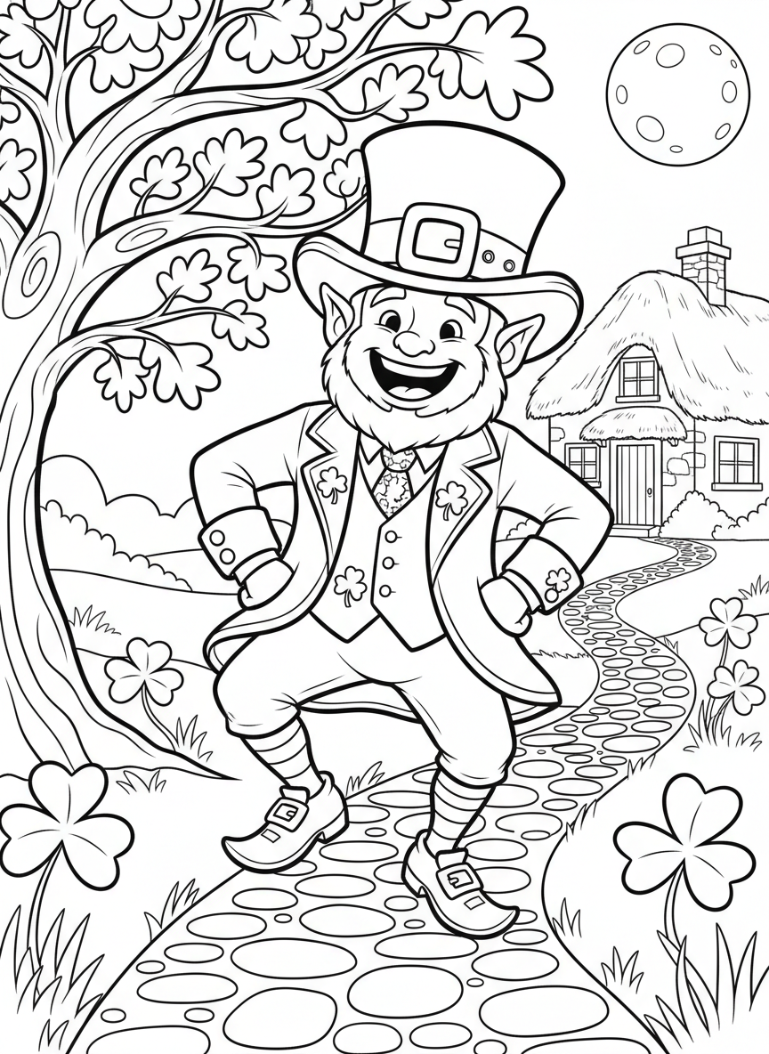 A cheerful leprechaun dancing a jig with his hands on his hips, wearing a tall hat with a buckle and traditional Irish clothing with shamrock details.