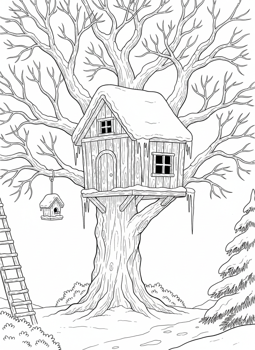 A winter treehouse scene with snow on the roof, icicles hanging from the edges, and a bird feeder nearby