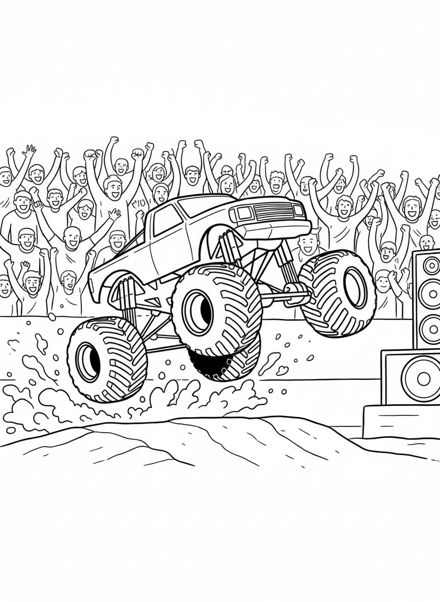 A massive monster truck soaring over a dirt ramp with mud flying through the air and cheering crowds watching nearby.