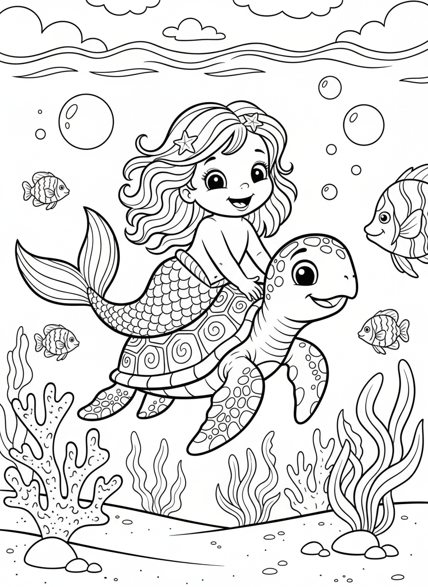 A baby mermaid riding on the back of a sea turtle, both characters smiling happily