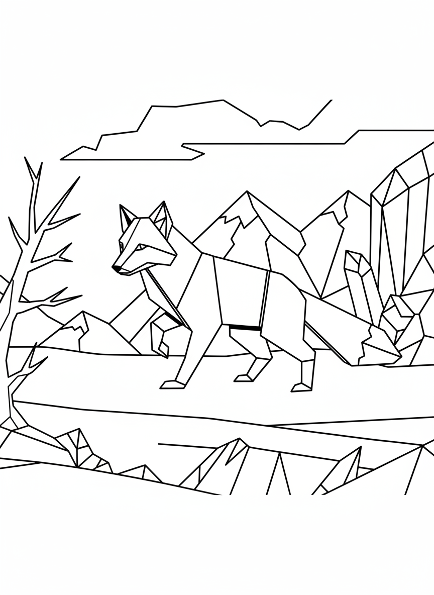 An origami arctic fox standing alert with one paw raised, geometric body showing hunting pose, pointed snout and triangular ears prominent