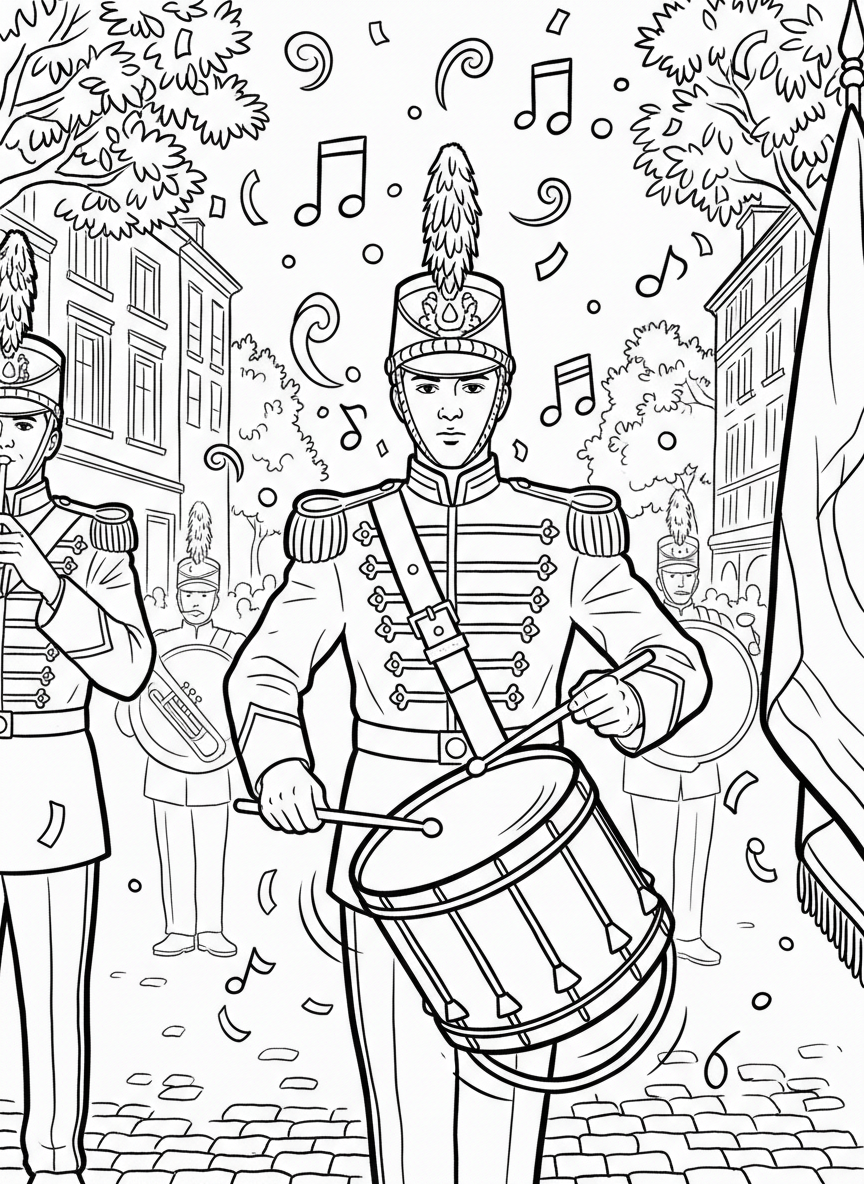 A marching band drummer in uniform playing in a parade, with musical notes and confetti floating in the air