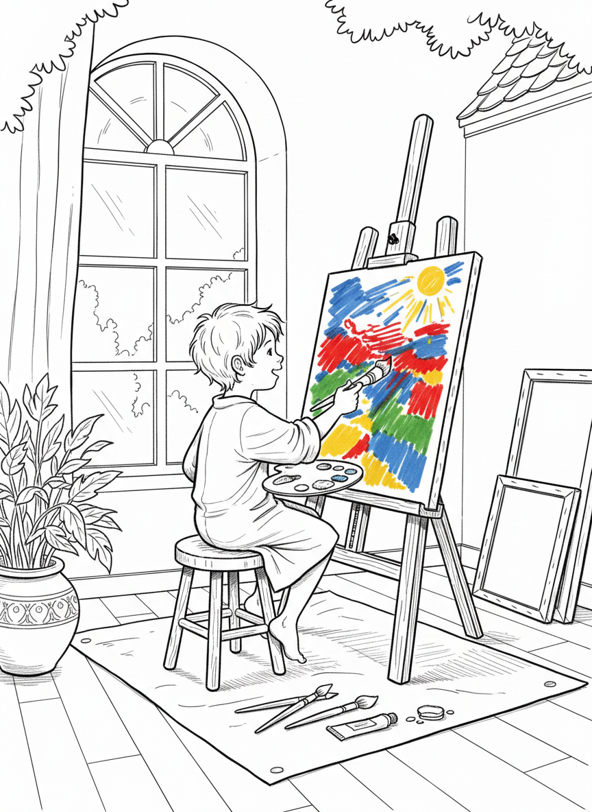 A child painting at an easel with bright colors on the canvas, brushes scattered nearby, and sunlight coming through studio windows.