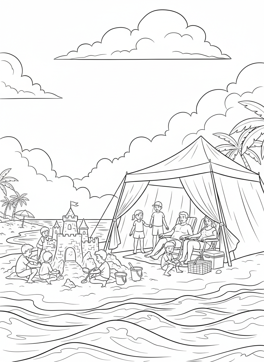 Labor Day coloring page prompts celebrating the close of summer, long-weekend relaxation, outdoor gatherings, and community spirit.	A beach outing with gentle waves and sandcastles in progress, families relaxing under canopies as late-summer clouds drift overhead.