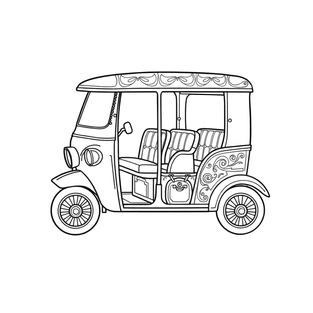 a tuk tuk with roof, sides, and wheels divided into symmetrical sections