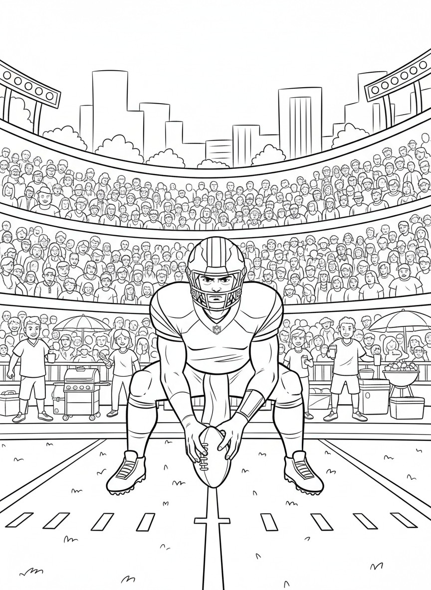 NFL Kickoff coloring page prompts capturing the start of football season, anticipation, tailgates, and opening-week excitement.	A quarterback under center for the first snap of the season, tension and optimism filling the air.