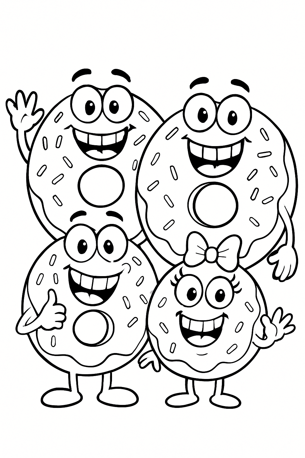 A donut family posing for a silly photo with big goofy smiles.