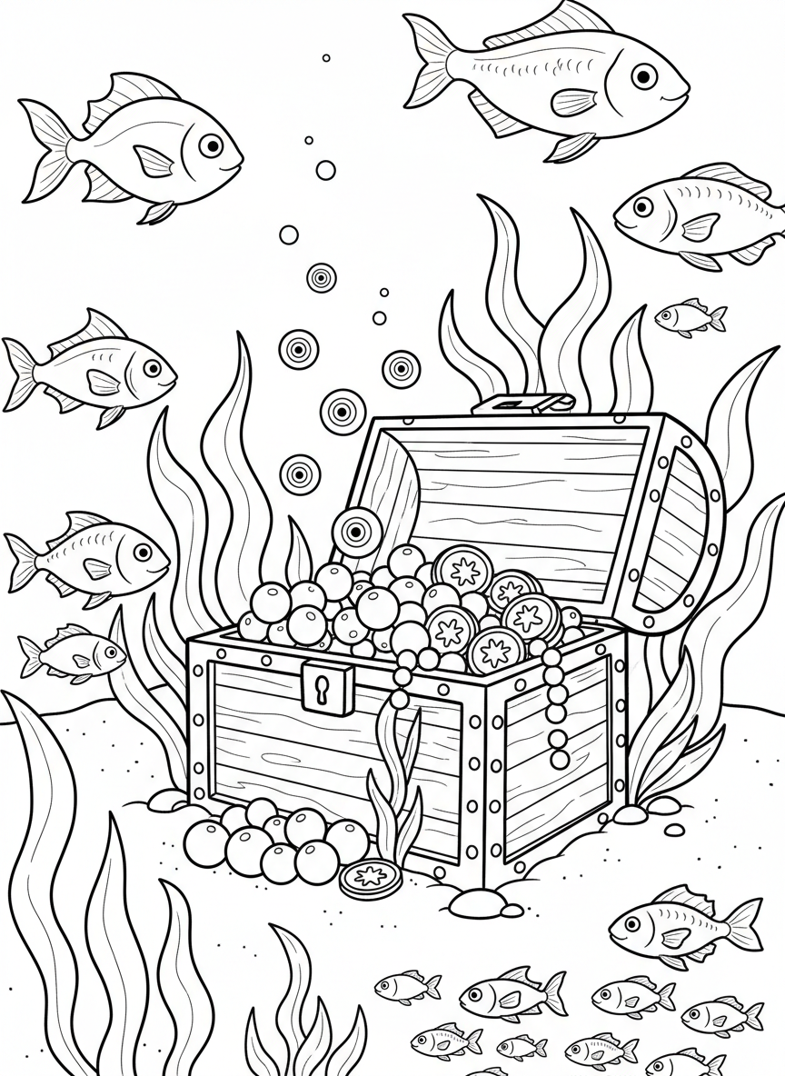 An underwater treasure chest surrounded by curious fish, with pearls, coins, and seaweed growing around it.