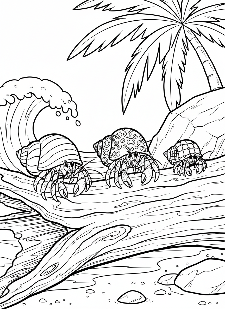 Three hermit crabs of different sizes lined up on driftwood, each wearing uniquely patterned shells.