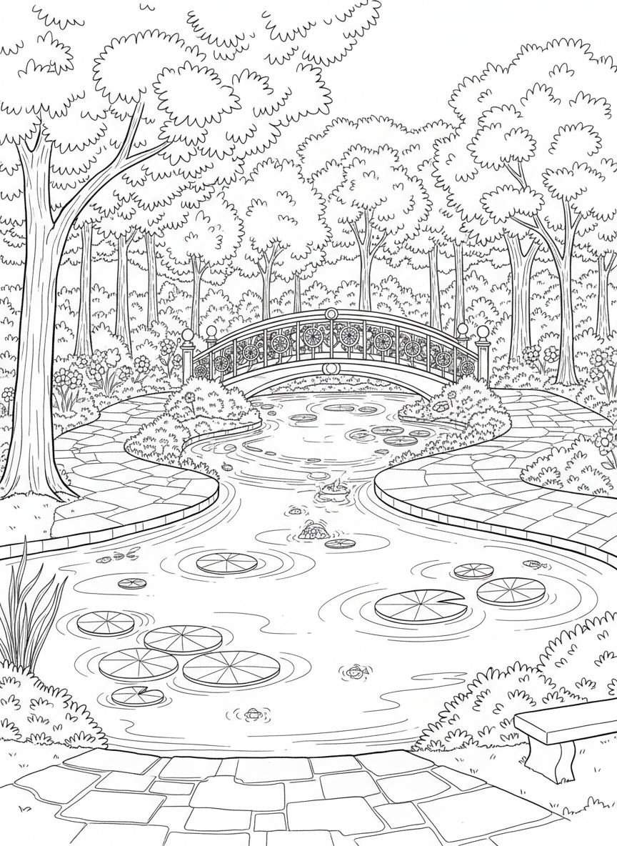 The Fort Worth Botanic Garden with a decorative bridge over a pond, surrounded by flowers, trees, and garden pathways