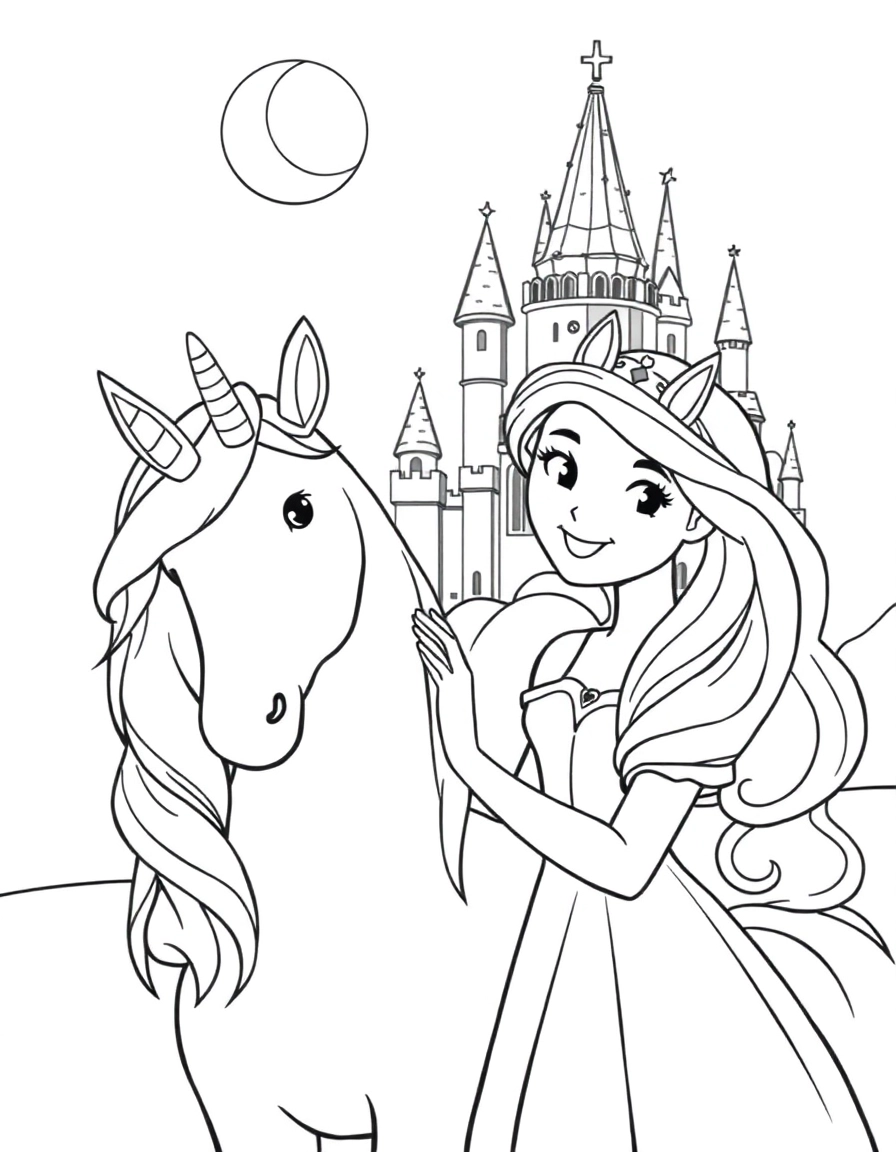 A princess smiling while petting a unicorn, a large castle in the background with a half moon high in the sky