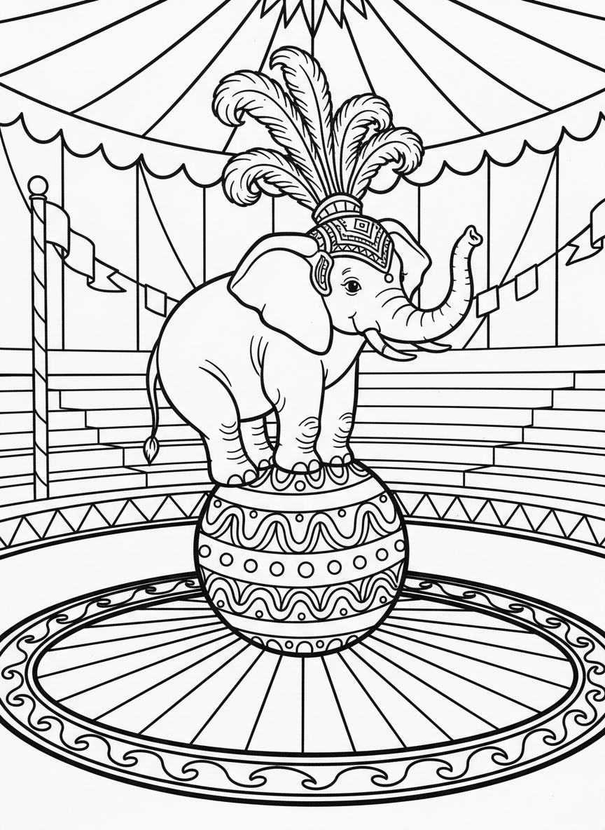 An elephant balancing on a large ball in the center ring, wearing a decorative headpiece with feathers.
