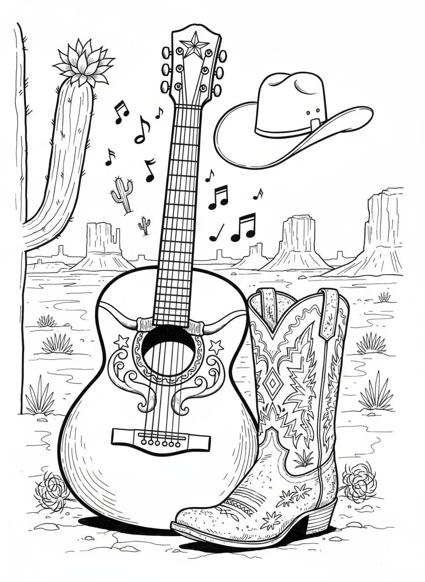 A close-up of a classical guitar with decorative details, musical notes, and a cowboy boot beside it, Texas music theme