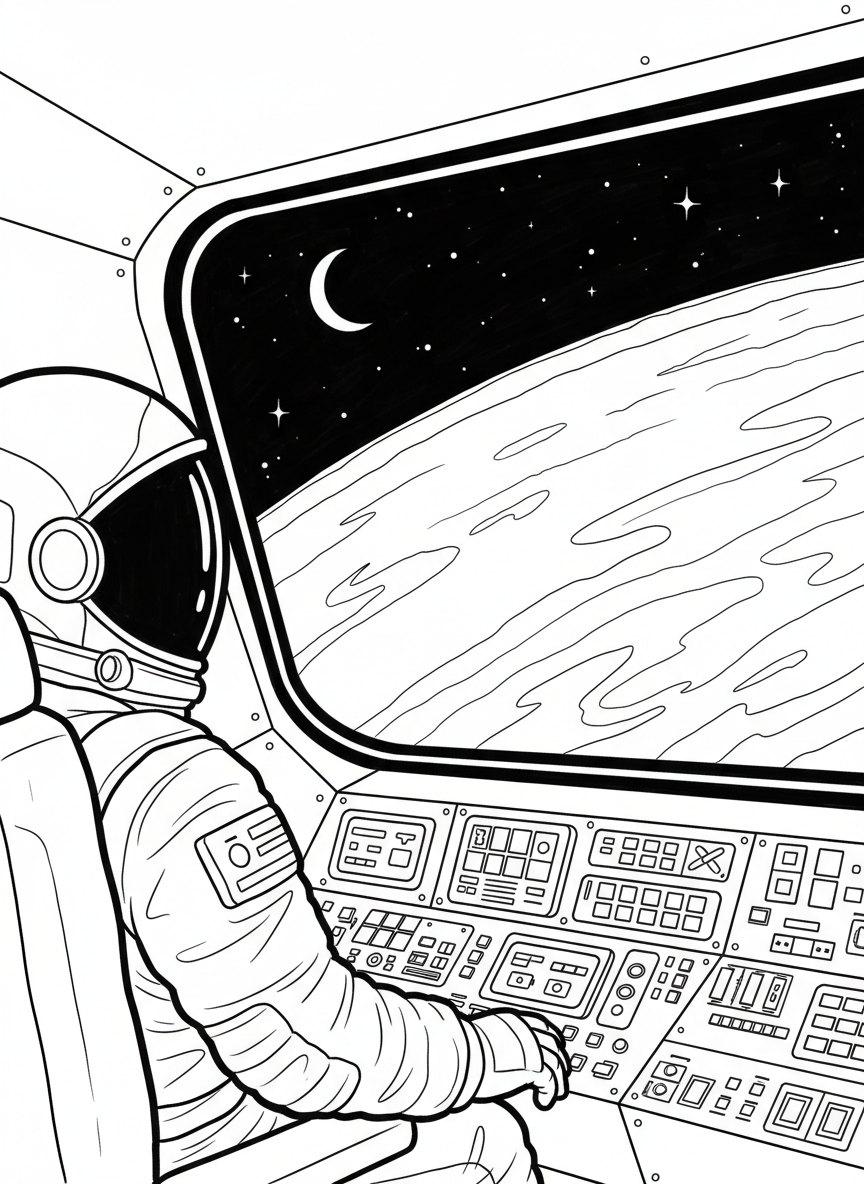 An astronaut sitting inside a spacecraft cockpit with control panels, buttons, and screens surrounding them, looking out a large window