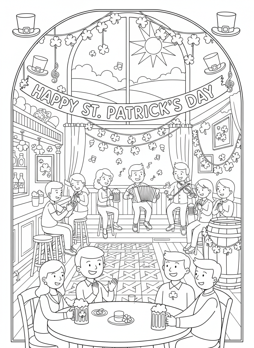 Saint Patricks Day coloring page prompts celebrating Irish-inspired traditions, green decorations, music, and festive community energy.	A cozy pub-style interior with festive decor, music playing softly as people chat and enjoy the spirited holiday mood.