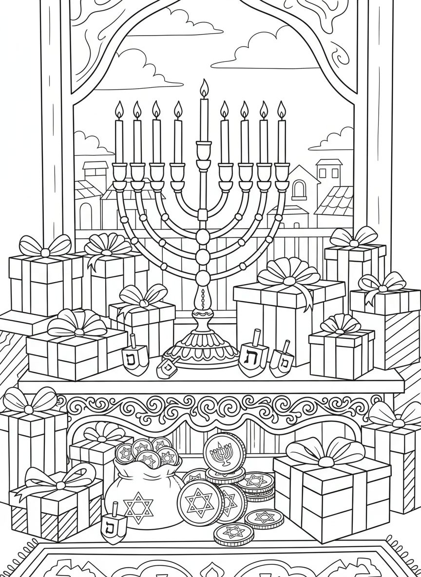 A festive scene with wrapped Hanukkah presents, a menorah, dreidels, and gelt coins all arranged together, busy but clear composition.