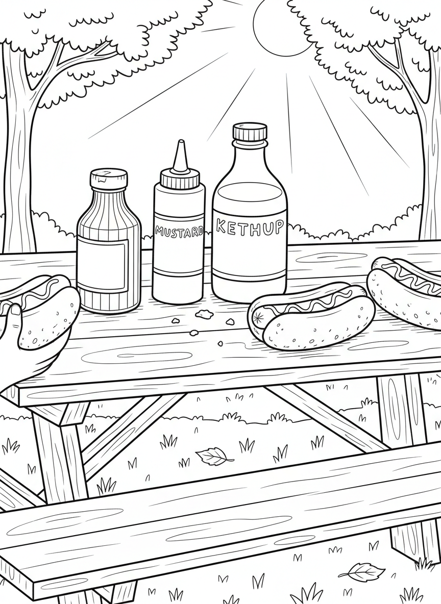 Condiment bottles including ketchup, mustard, and relish lined up on a picnic table with buns nearby.