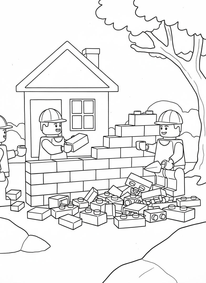 Two toy brick minifigure friends building a wall together, with loose bricks scattered around them on the ground.