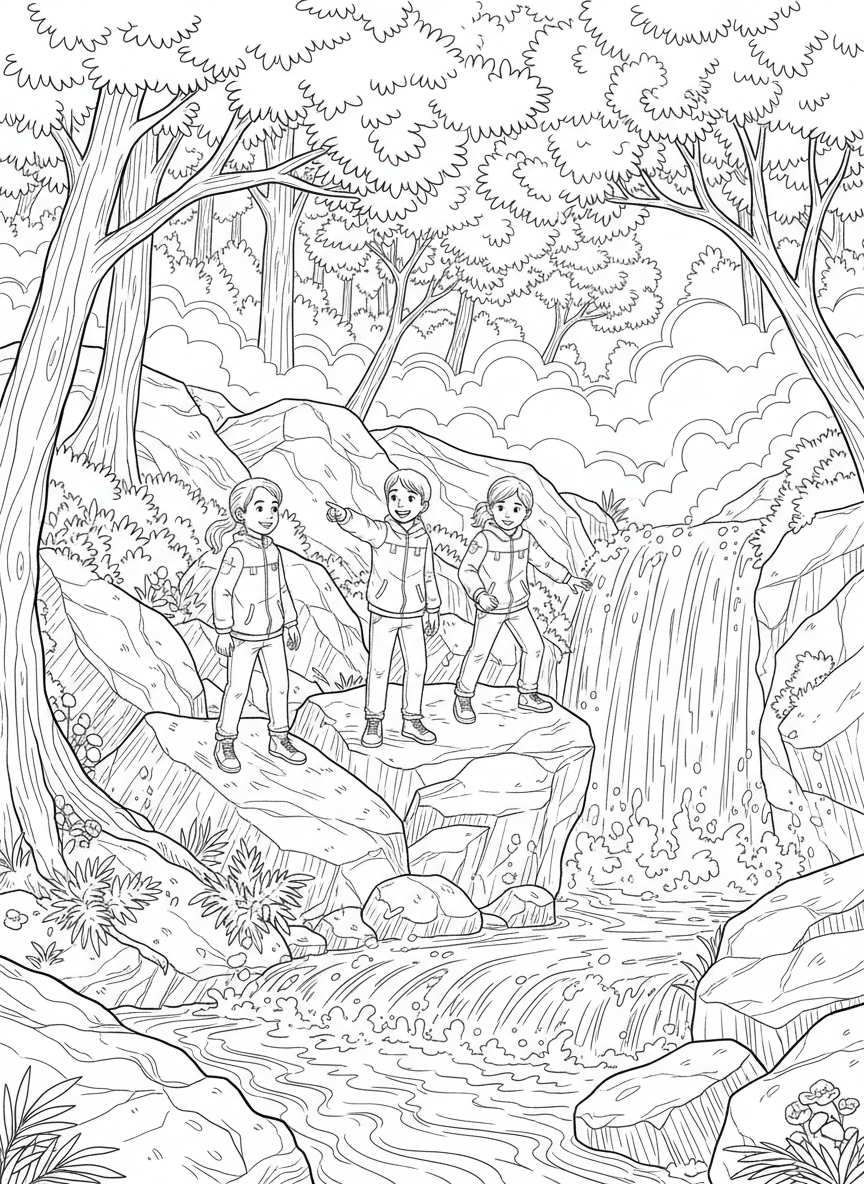 A waterfall adventure with kids standing on large rocks near rushing water, surrounded by moss, trees, and mist rising into the air.