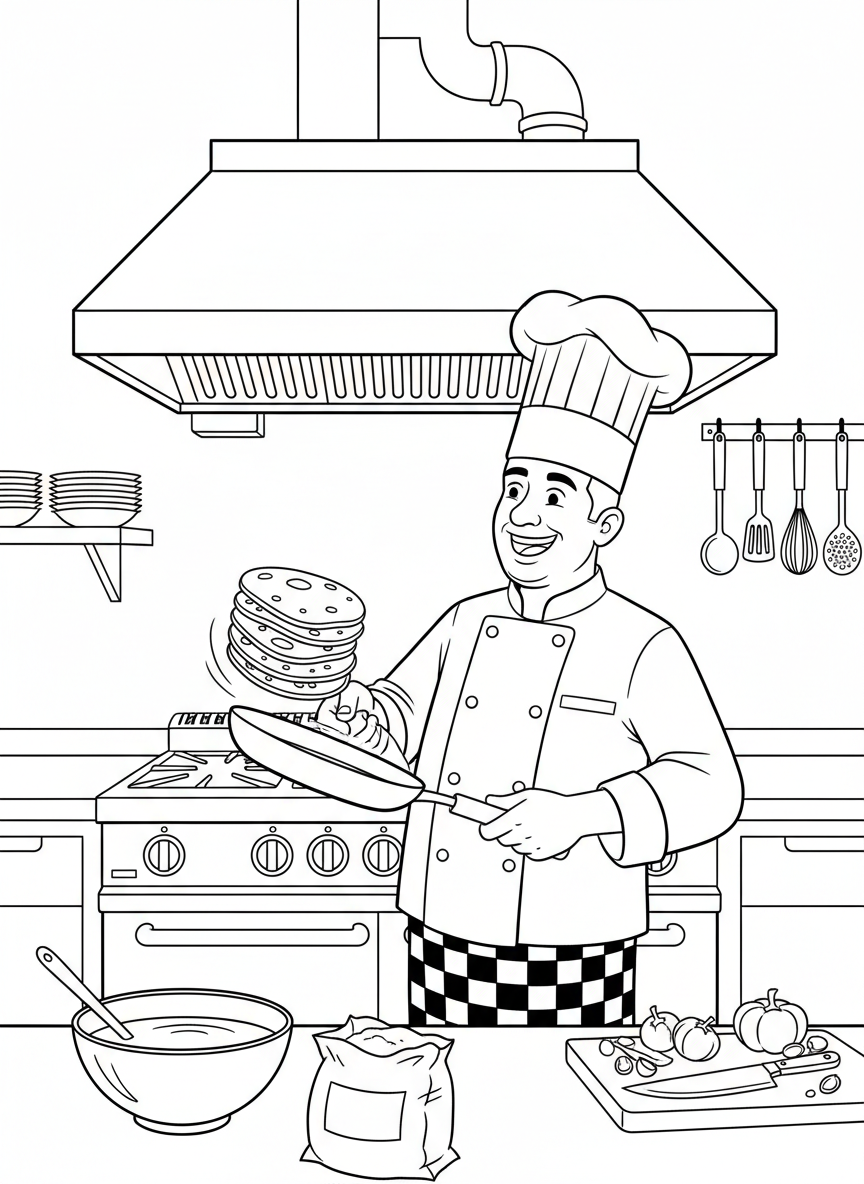 A chef with a tall hat flipping pancakes in a restaurant kitchen, surrounded by cooking utensils and a stove with clear line art.