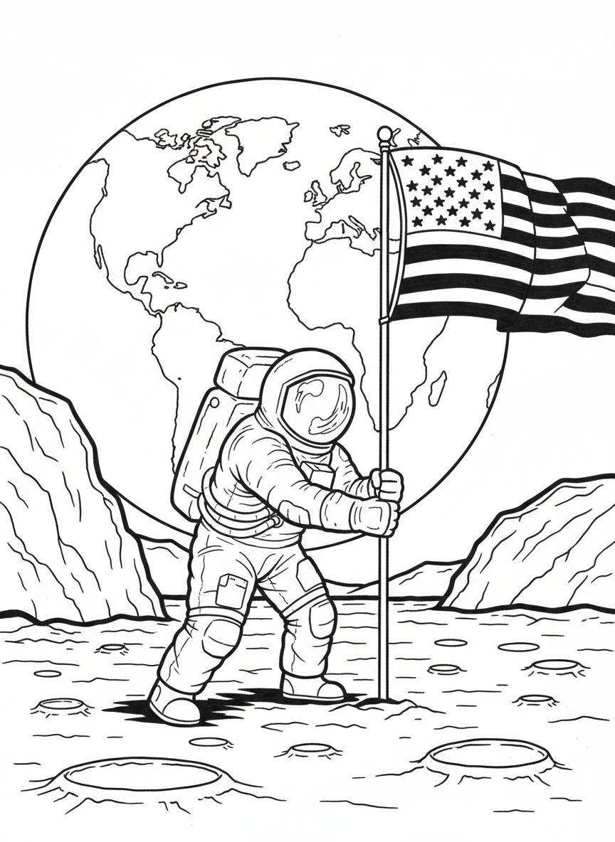 An astronaut planting a flag on the moon's surface with Earth visible in the sky and moon craters around them