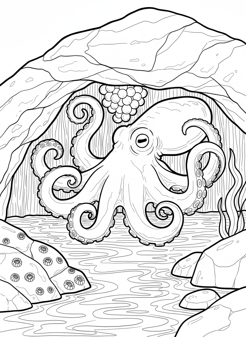 An octopus mother watching over her eggs attached to the underside of a tide pool rock ledge