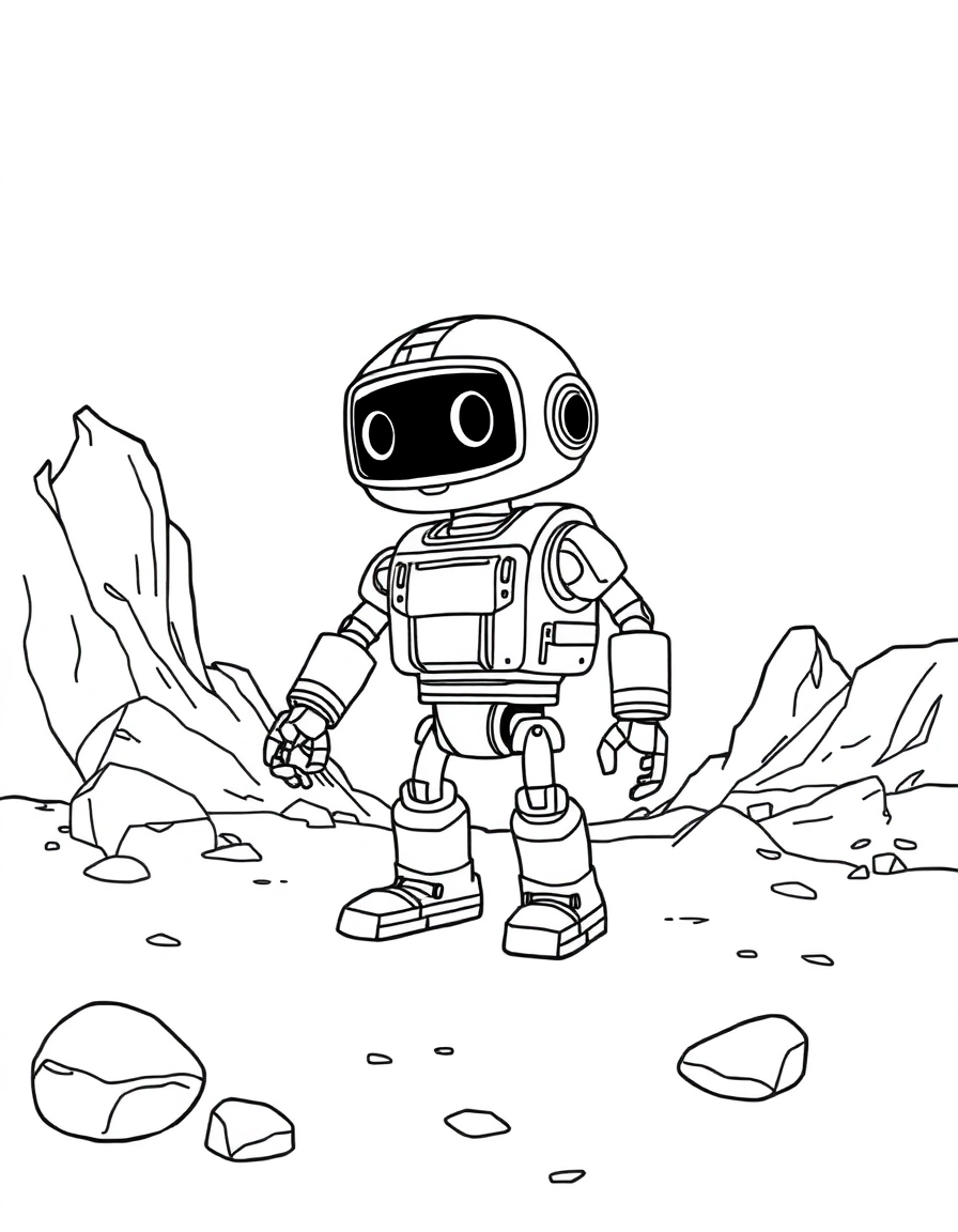 A robot exploring Mars, red rocky landscape around