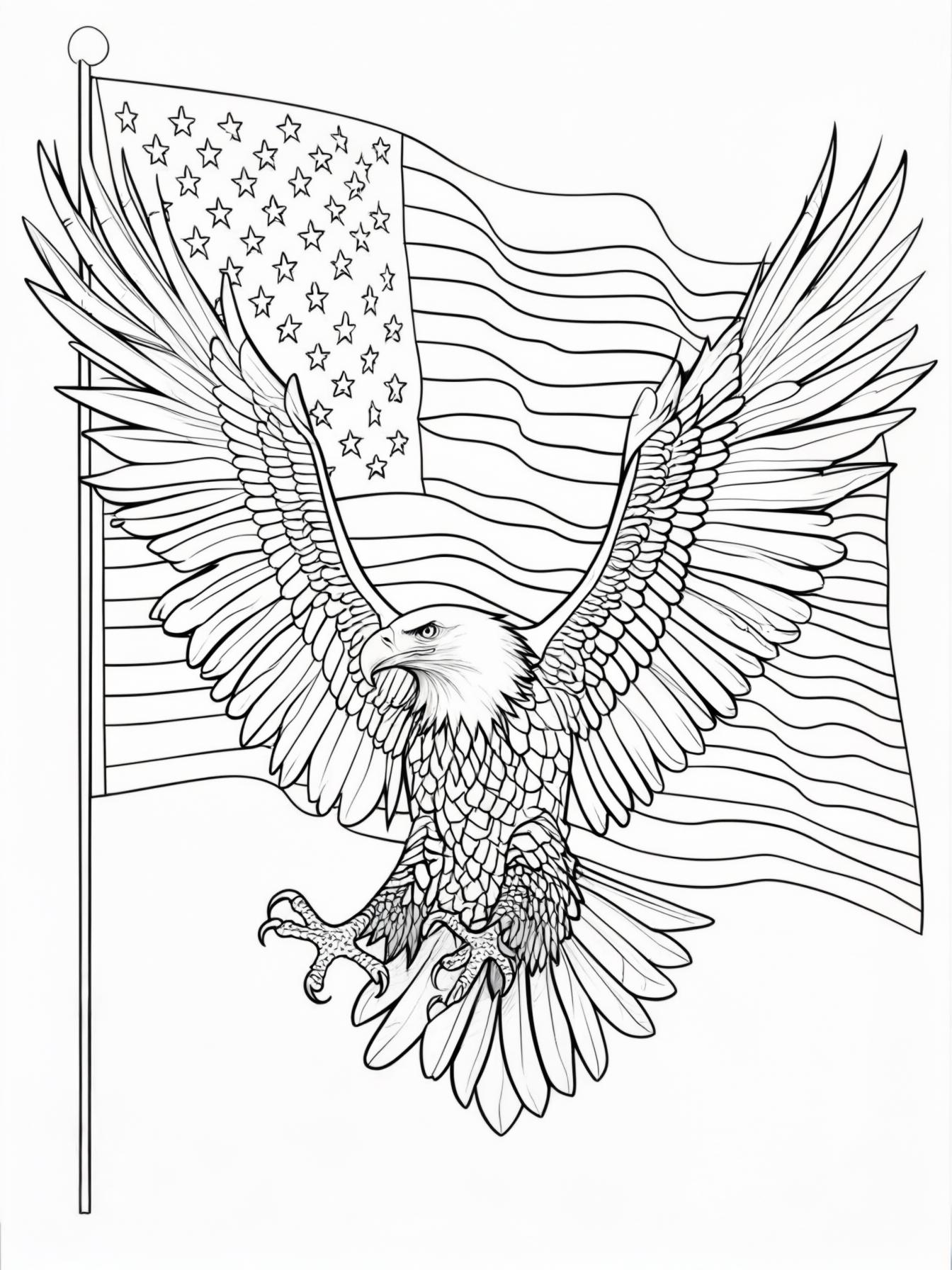 Patriotic Eagle: A majestic bald eagle with its wings spread wide, soaring in front of a large, waving American flag. The flag's stripes and the eagle's feathers provide great detail.