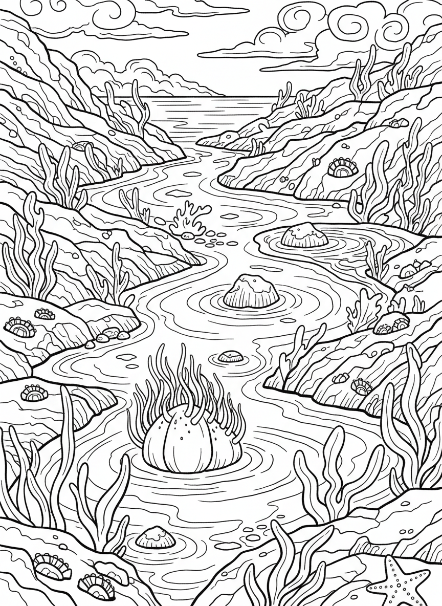 A detailed tide pool ecosystem with layered rocks, trapped water, seaweed forests, and various small creatures