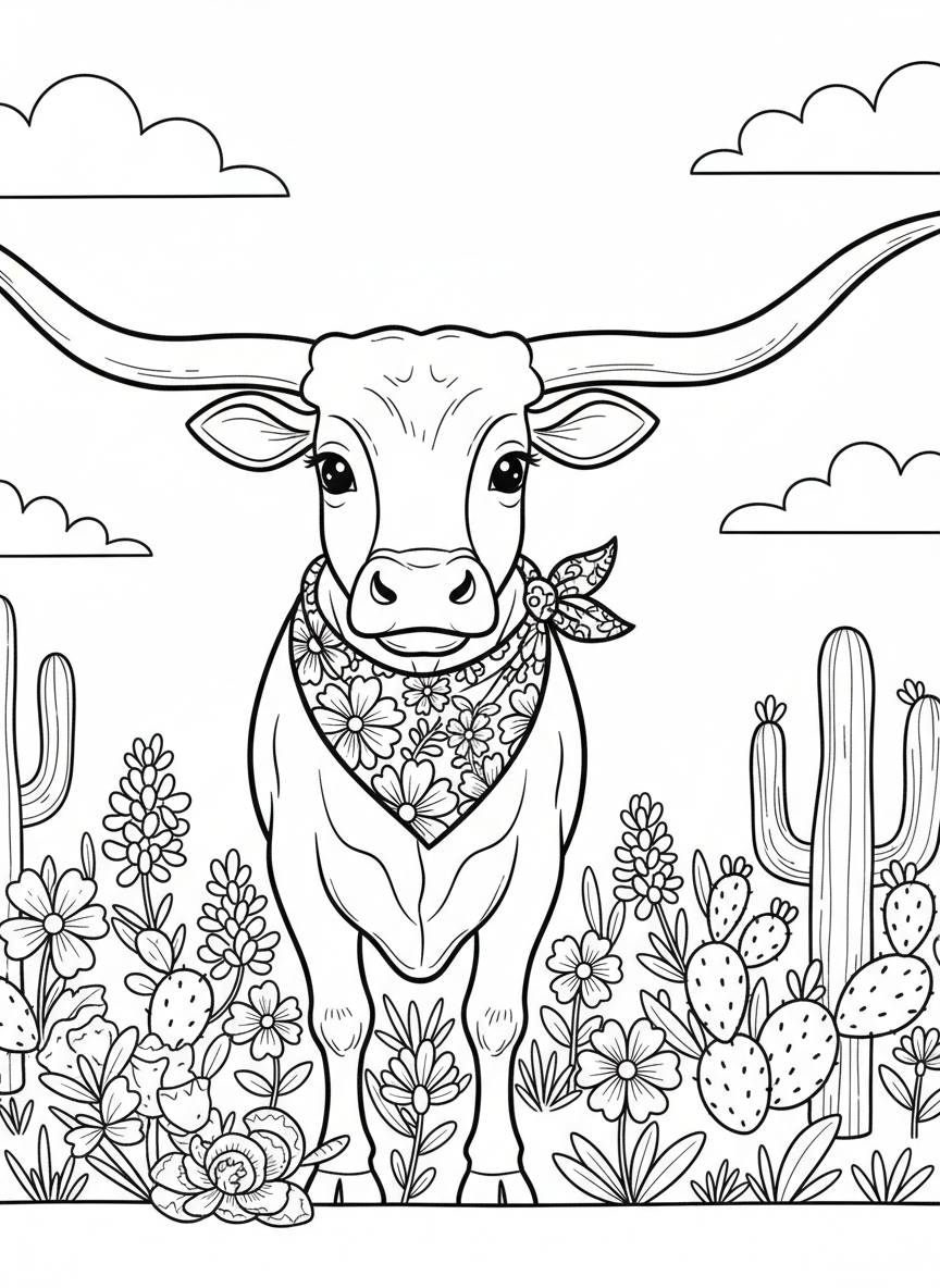 A cute longhorn steer with big horns wearing a bandana, standing in a field with Texas wildflowers, kid-friendly line art