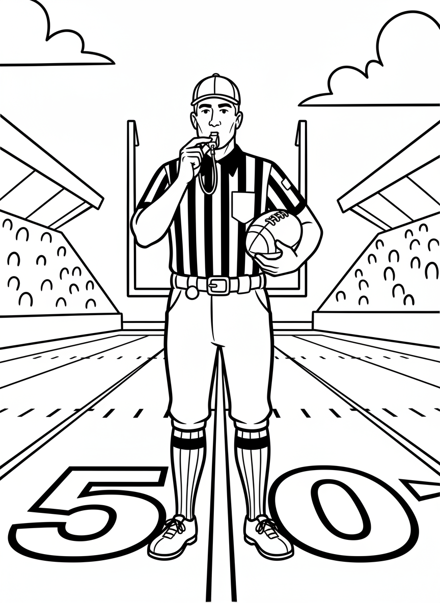 A referee holding a whistle and football, standing at midfield ready to start the opening kickoff, detailed uniform.