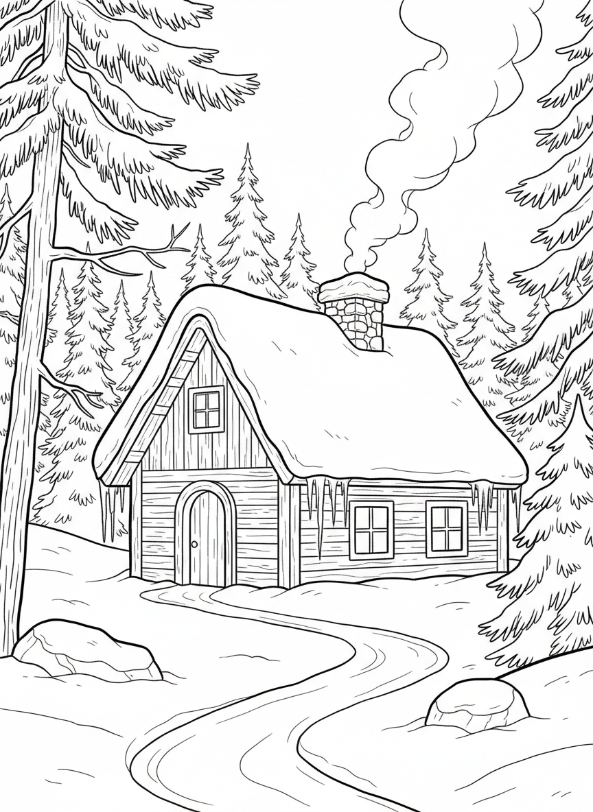 A cozy cabin in the woods covered in snow, with smoke curling from the chimney and icicles hanging from the roof