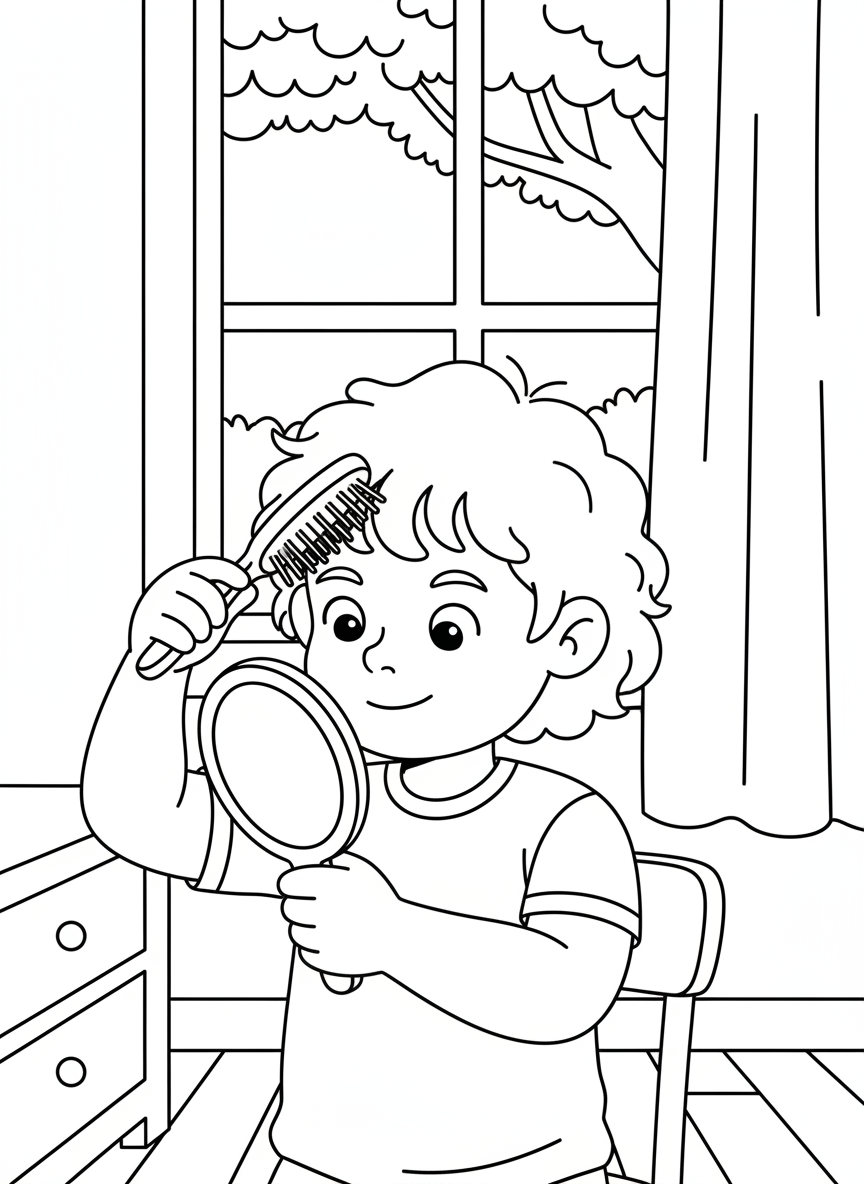 A young child combing or brushing their hair while looking at a handheld mirror, hairbrush visible, neat and simple composition