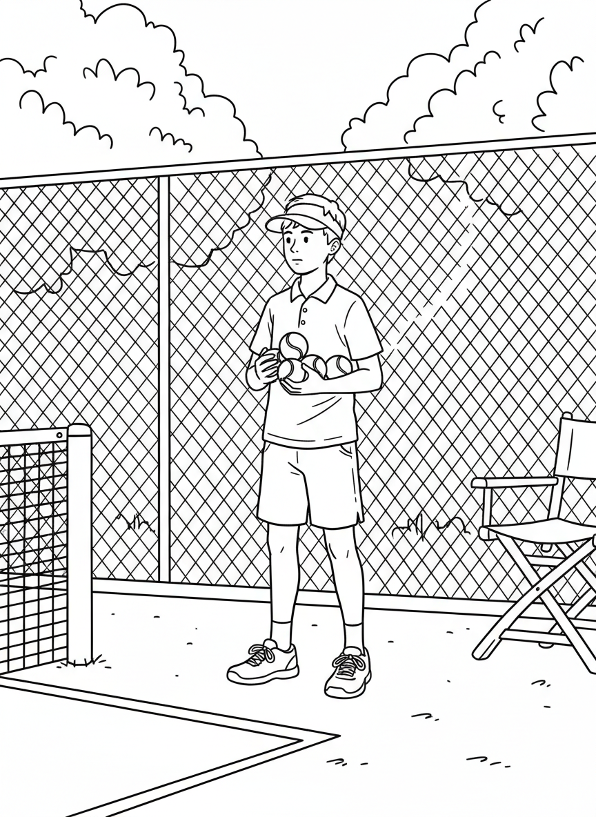 A ball boy or ball girl standing at attention by the court sideline, holding tennis balls ready to serve.