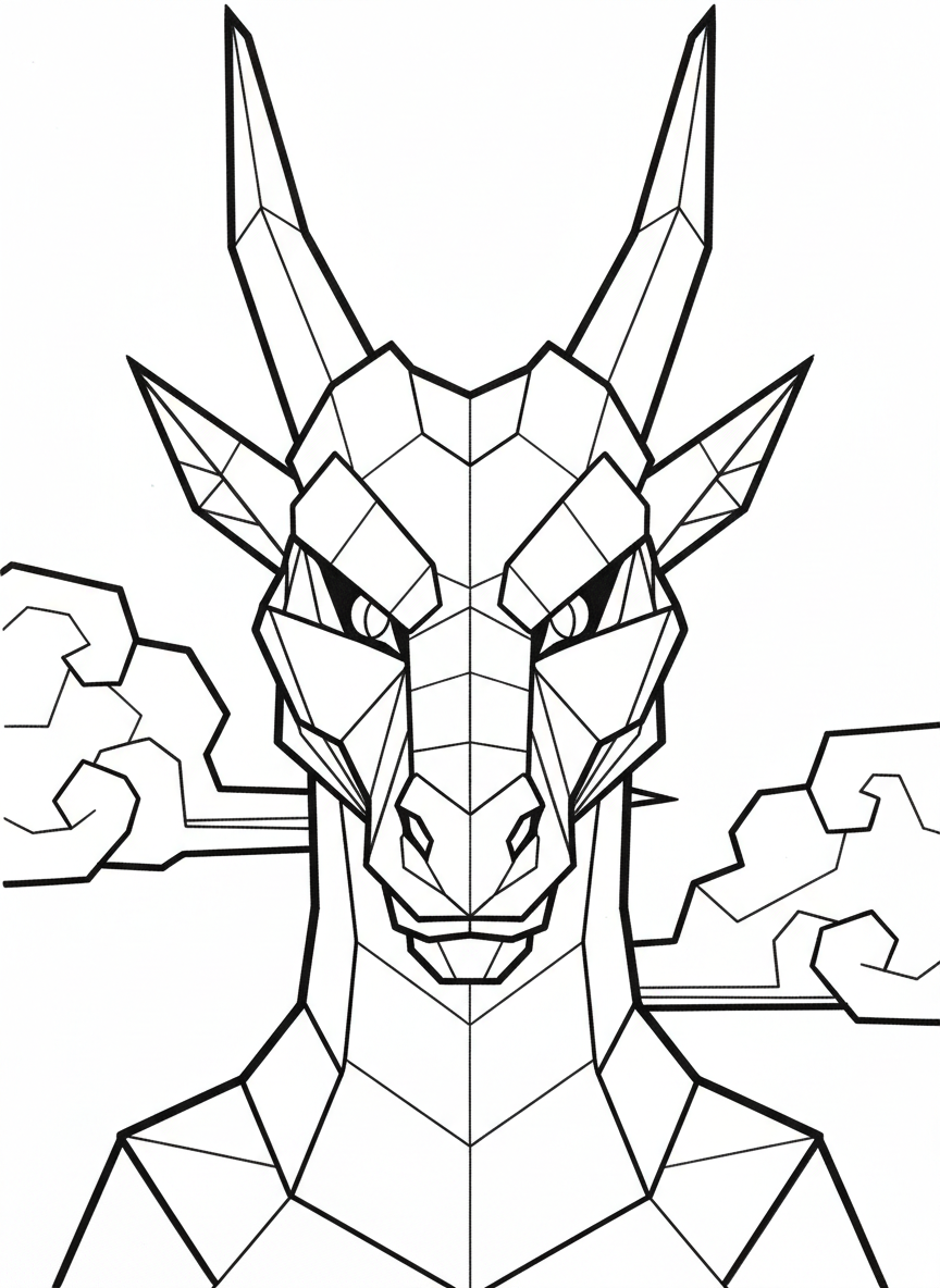 An origami dragon head close-up portrait showing detailed geometric facial features, angular horns, and paper-fold texture throughout.