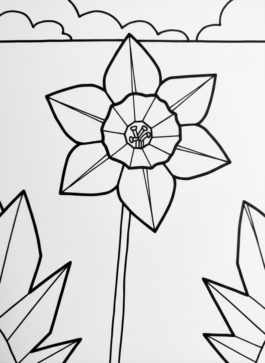 An origami daffodil with a trumpet-shaped center surrounded by six petals, standing upright with a slender folded stem.
