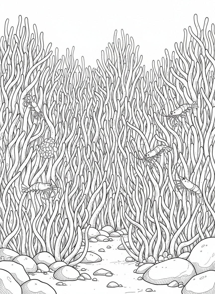 Sea anemone forest scene with tall swaying anemones creating an underwater meadow, small shrimp hiding between them