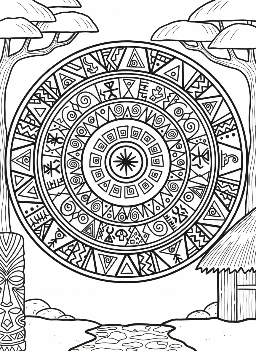 African-inspired geometric patterns in a mandala style, featuring circles, triangles, and traditional symbols, moderately detailed for older children.