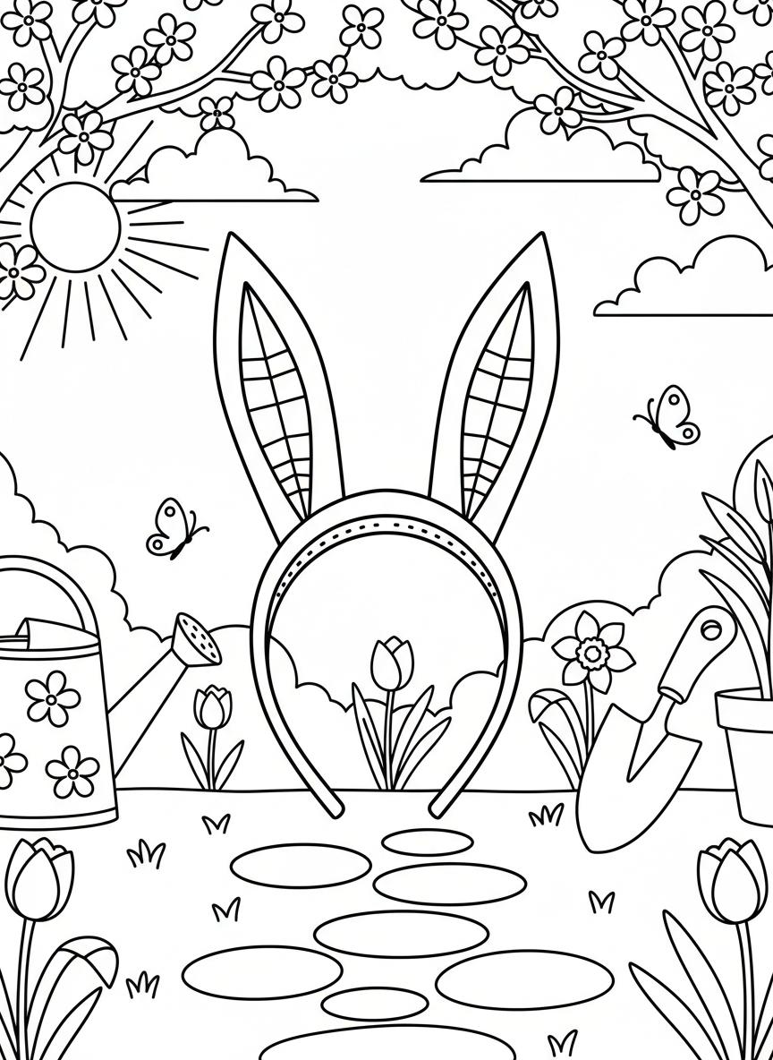 Origami bunny ears headband with two tall ears and inner ear details, displayed upright and ready for spring coloring.