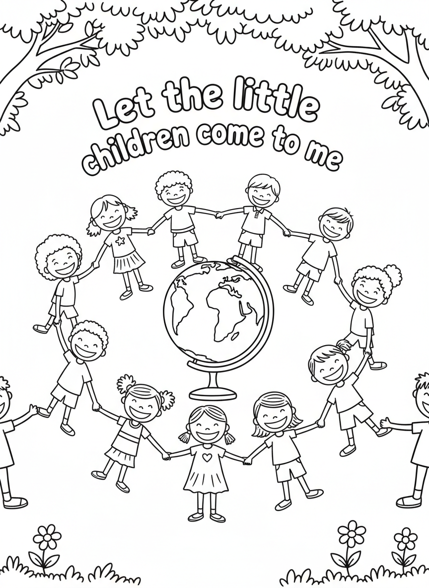 Children holding hands in a circle around a globe, with 'Let the little children come to me' written in friendly letters.