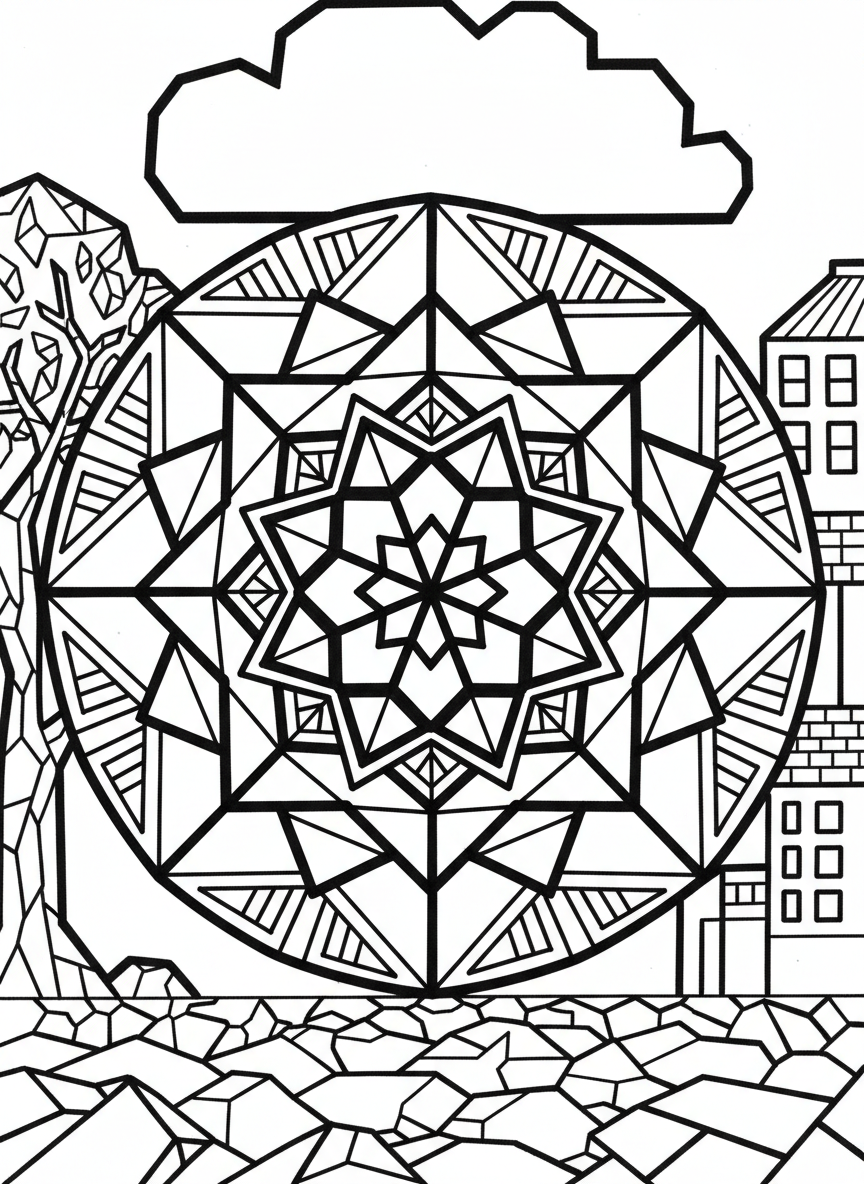 A simple mandala composed of large square and diamond shapes layered in concentric circles, easy geometric pattern