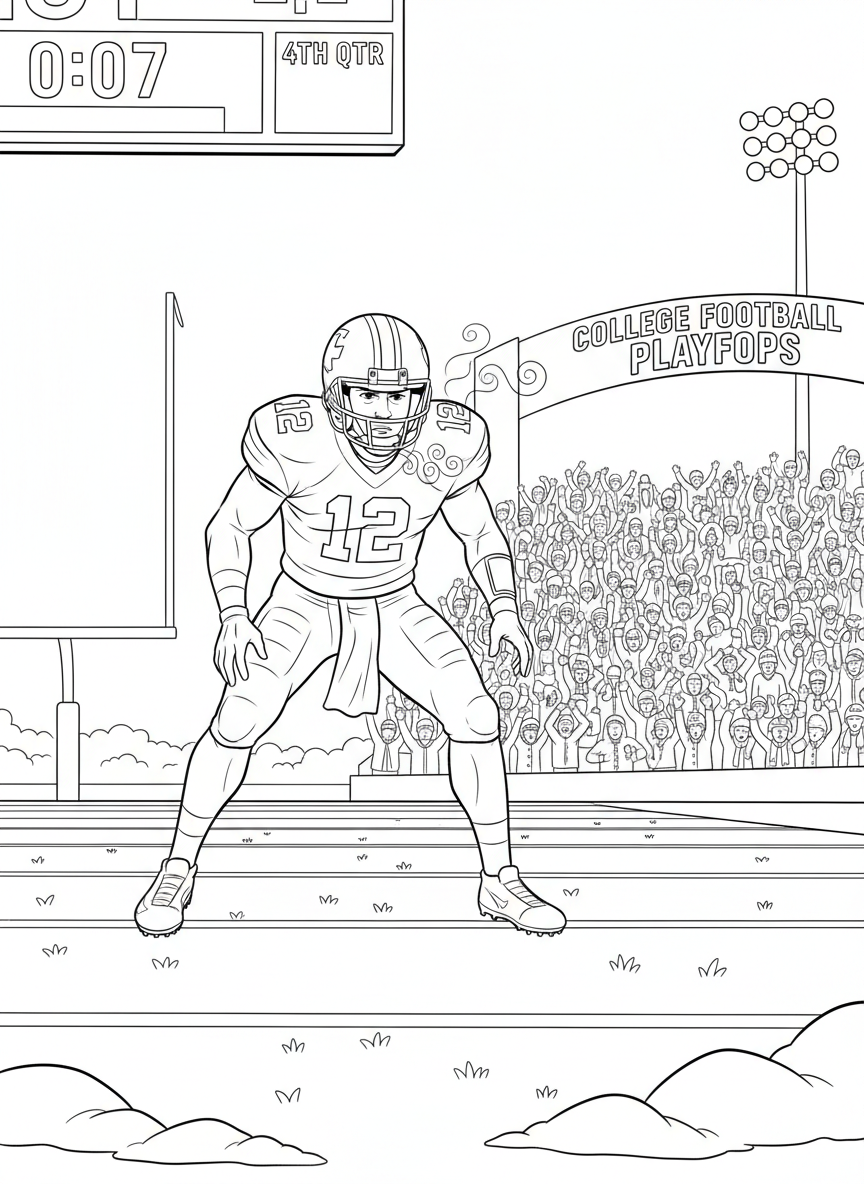 College Football Playoff coloring page prompts capturing tradition, rivalry, pageantry, and high-stakes championship football moments.	A quarterback studying the defense at the line of scrimmage, breath visible in cold air as the clock winds down and a pivotal playoff drive begins.