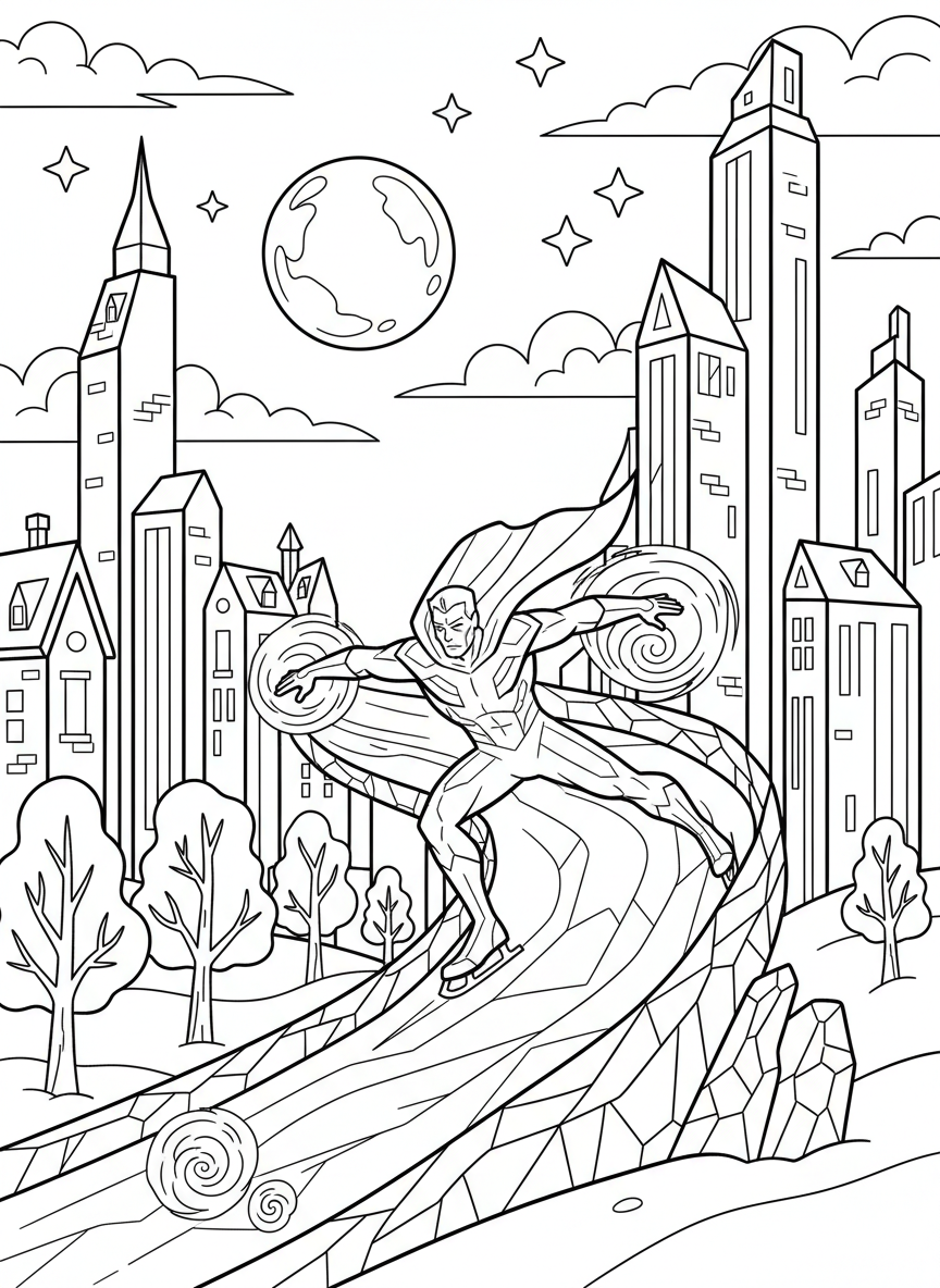 A superhero with ice powers creating an ice slide, skating down it with arms out for balance, winter cityscape background
